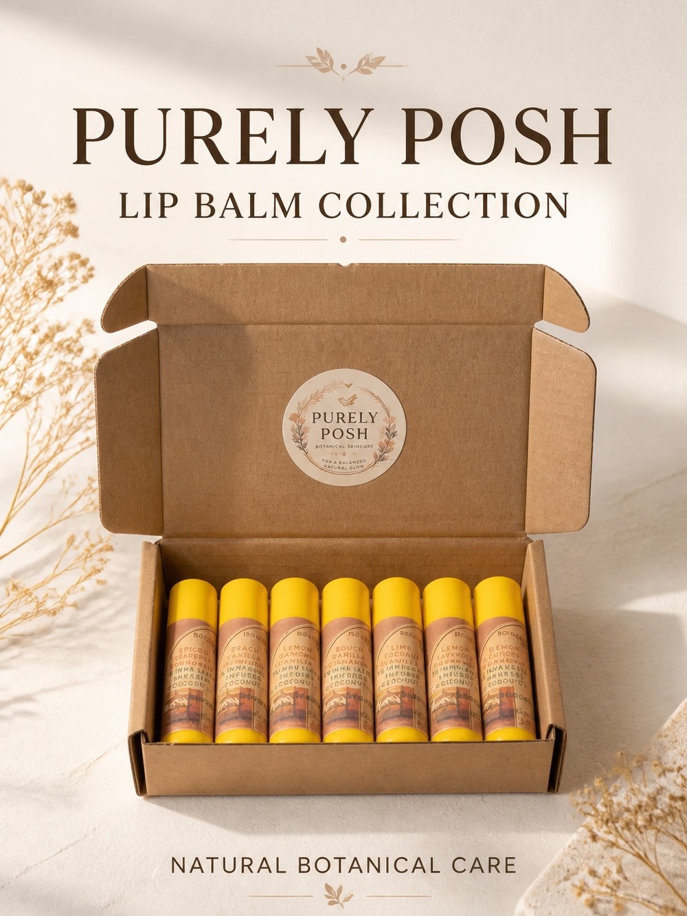 Set of 7 Botanical Lip Balms, 16 HR Slow-Infused Coconut Oil in Gift Box